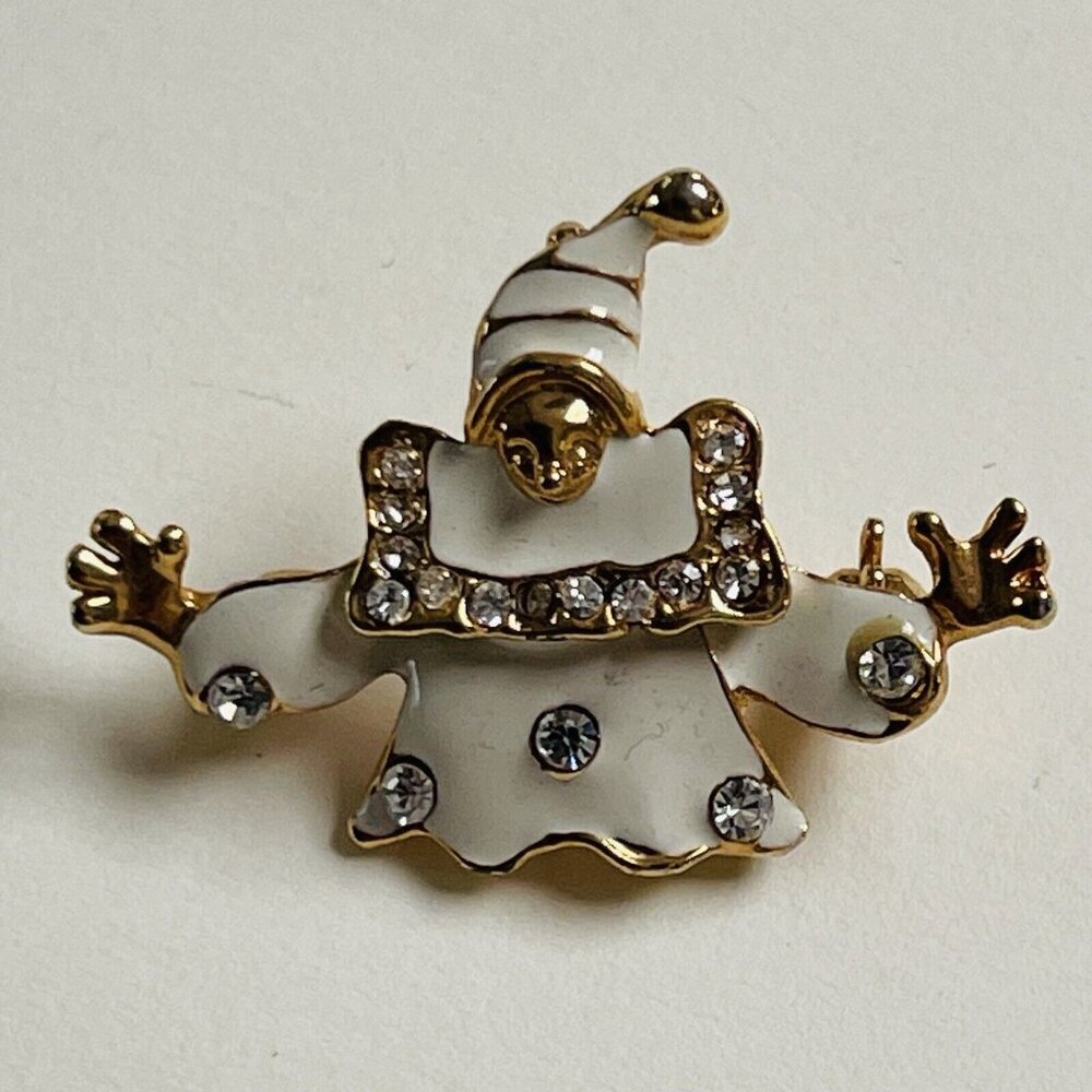Articulated Polka Dot White Enamel Clown Gold tone Brooch Pin Festival Fun Party